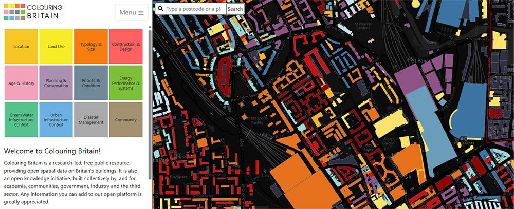A screenshot of the Colouring Cities website. A colourful map takes up most of the screen, with a menu on the left, featuring large, colour-coded buttons representing the twelve main data categories.